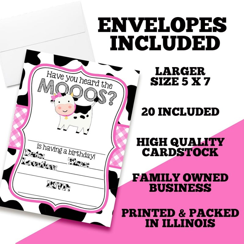 Amanda Creation Heard the Moos Pink Cow-Themed Birthday Party Invitations for Kids, 20 5x7 Fill In Cards with Twenty White Envelopes by AmandaCreation - Image 2